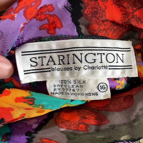 Vintage Silk Floral Blouse, 1980s Corporate Bohemian Flower Print Top Sz XL - Picture 12 of 13